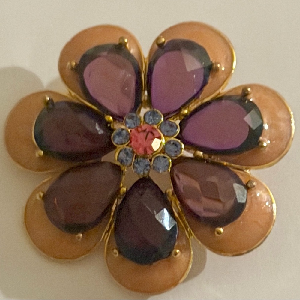 Vintage Large Floral Brooch Pink Purple Rhinestone Gold Tone Flower Pin Like New